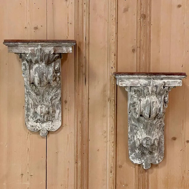 Pair 18th century French neoclassical hand-carved and painted wall sconces ~ Corbels were sculpted from solid oak and...