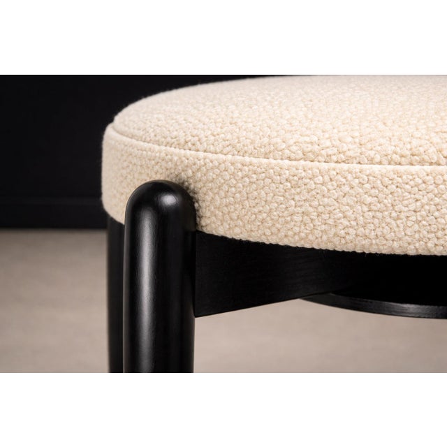 Mid-Century Modern Móveis Cimo Round Stool in Ebonized Wood With Metal Sabots, Brazil, 1950s — Newly Upholstered in Warm Ivory Bouclé For Sale - Image 3 of 9