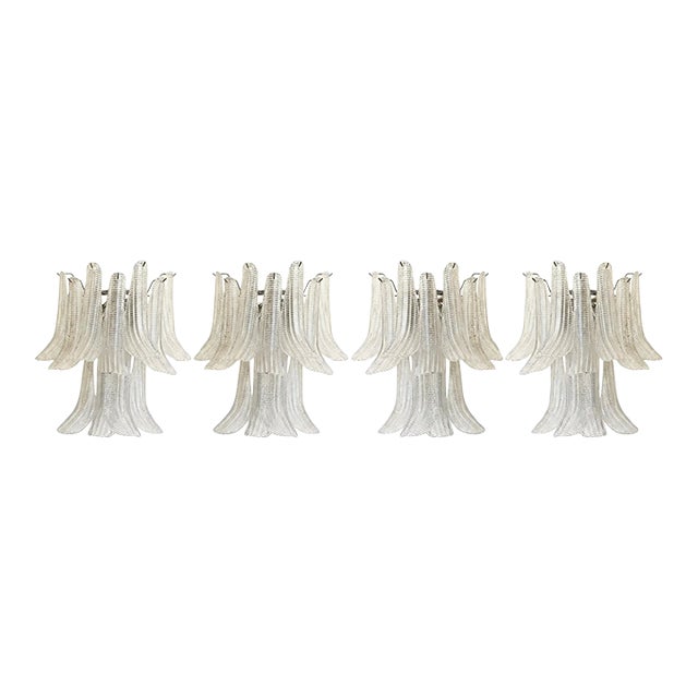 Modern Mazzega-Style “Selle” Murano Glass Wall Sconces With Diamond-Cut Transparency — Set of Four For Sale