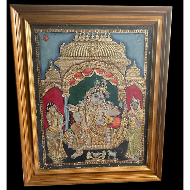 Gold Mid Century Tanjore Painting Krishna South India Indian Gold Thanjavur Antique Vintage For Sale - Image 8 of 10