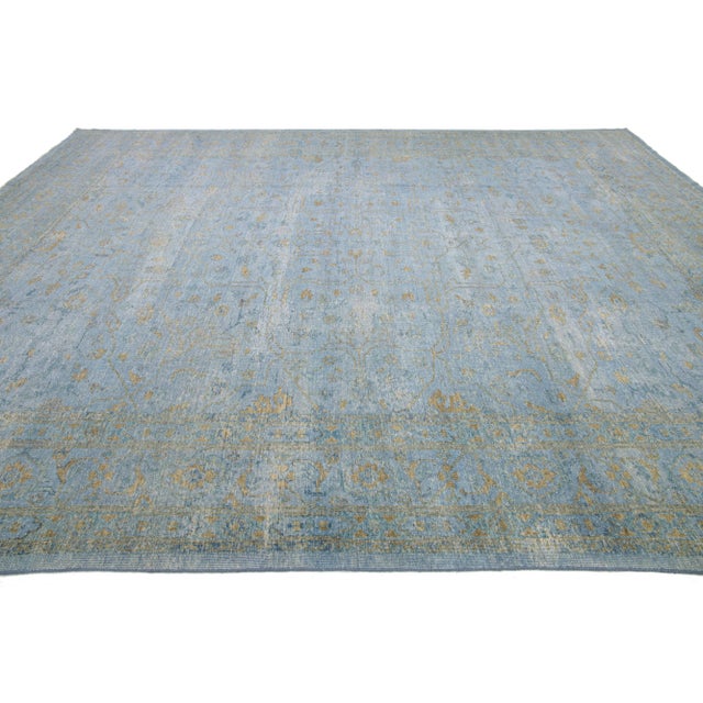 Mid-Century Modern Handmade Contemporary Oushak Style Wool Rug With Blue and Gold Field For Sale - Image 3 of 7