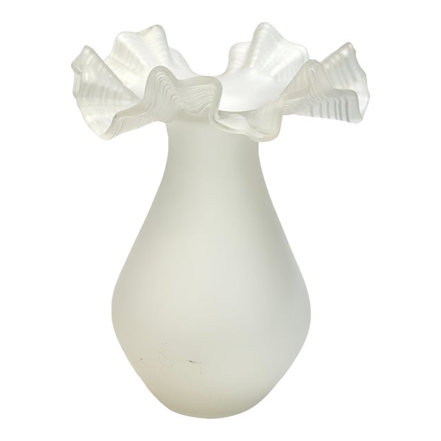 Rare White Frosted Glass Vase With Eye-Catching Ruffled Top Circa 1980s For Sale