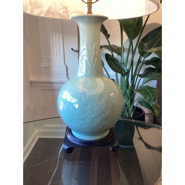 Late 20th Century Celadon Embossed Dragon Porcelain Table Lamp, Newly Rewired With Custom Linen Drum Shade For Sale - Image 4 of 7