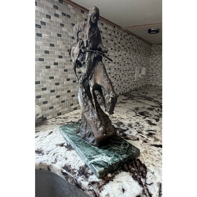 Frederic Remington Style Native American Horseback Sculpture on Green Marble Base For Sale - Image 4 of 10