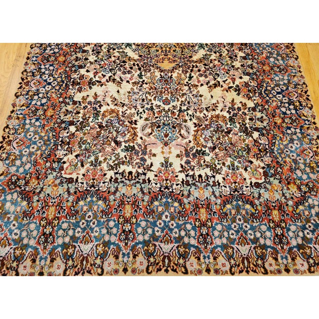Vintage Persian Kerman Lavar Rug, Hand-Knotted Wool & Silk, Allover Floral Pattern, Ivory & Blue, 4x7 For Sale - Image 12 of 17
