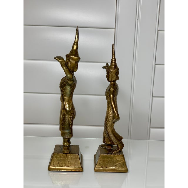 Pair of Vintage Brass Thai Dancer Statues – Male & Female, Southeast Asian For Sale - Image 4 of 5