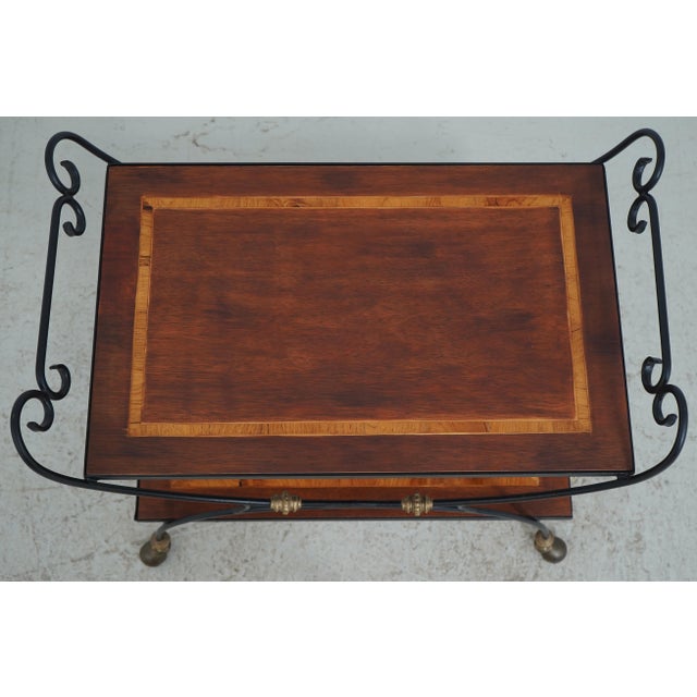 Traditional Wrought Iron Mahogany Rolling Bar Cart For Sale - Image 3 of 12