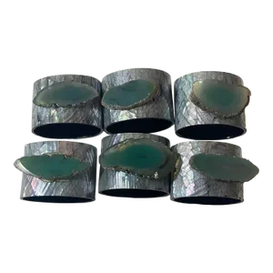 Vintage Set of 6 Abalone & Green Agate Slice Napkin Rings