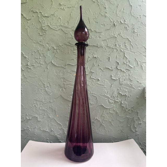 1960s Italian Empoli Amethyst Glass Genie Bottle Decanter With Original Stopper – 26.75” Tall For Sale In Orlando - Image 6 of 11
