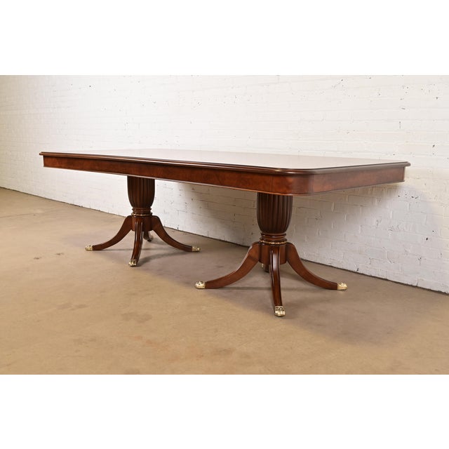 Baker Furniture Company Baker Furniture Style Italian Regency Inlaid Banded Burl Wood Double Pedestal Dining Table, Newly Restored For Sale - Image 4 of 10