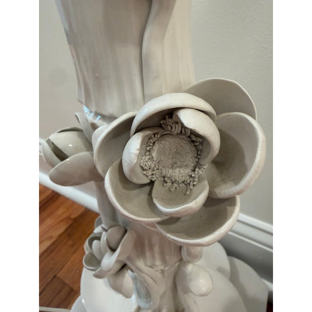 Mid 20th Century Italian Ceramic Faux Bamboo & Lotus Flower Table Lamps - A Pair For Sale - Image 13 of 17