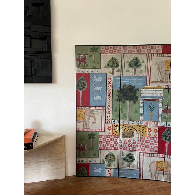 Folk-Inspired Wallpaper Folding Screen, Four Panels, C. 1970s For Sale - Image 4 of 11