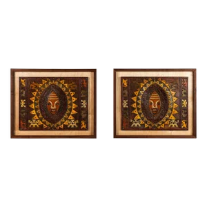 Set of Two Mid-Century Modern Framed Embossed Leather Pre-Columbian Folk Art by Angel Pazmino, Ecuador, C. 1960's