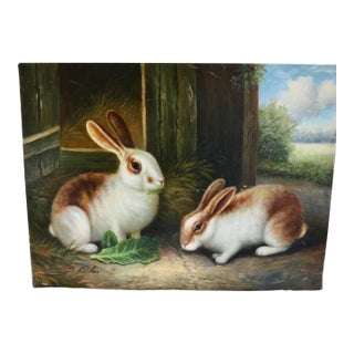 Late 20th Century Rabbits Inside the Barn Oil on Canvas Painting For Sale