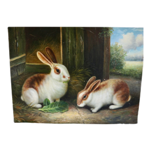 Late 20th Century Rabbits Inside the Barn Oil on Canvas Painting - Set of 2
