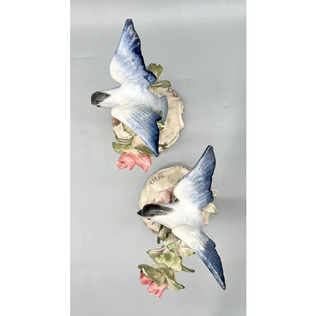 Pair of Vintage English Copeland Porcelain Bird Figurines — Bluebirds With Pink Blossoms — European / Cottagecore / Romantic For Sale - Image 12 of 14