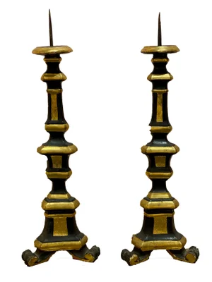 19th Century Italian Black and Gilt Candlesticks - a Pair