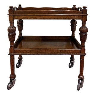 Antique English Trolley Tea Cart Pastry Cocktail Bar Cart Tray Tudor Oak 1930s 2 For Sale