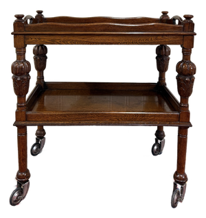 Antique English Trolley Tea Cart Pastry Cocktail Bar Cart Tray Tudor Oak 1930s 2