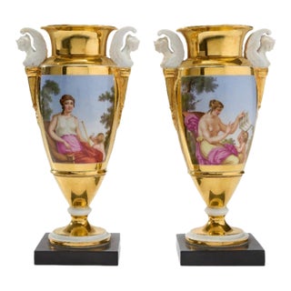 Antique French Empire Early 19th Century Paris Porcelain Vases or Urns - A Pair For Sale