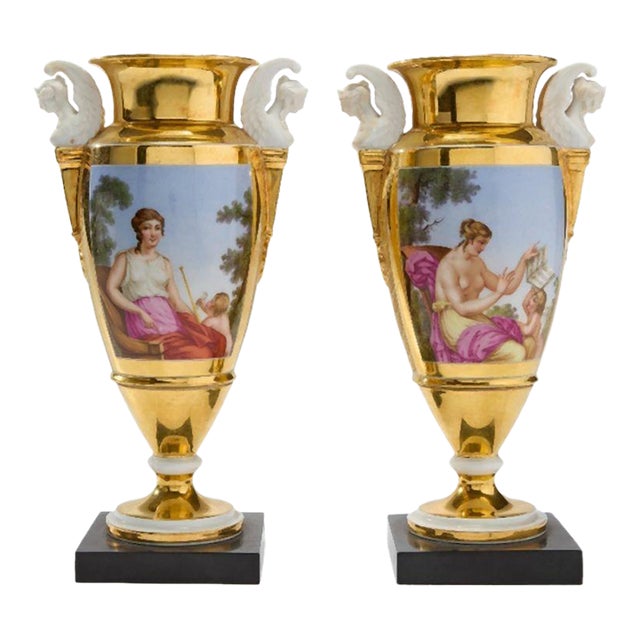 Antique French Empire Early 19th Century Paris Porcelain Vases or Urns - A Pair For Sale