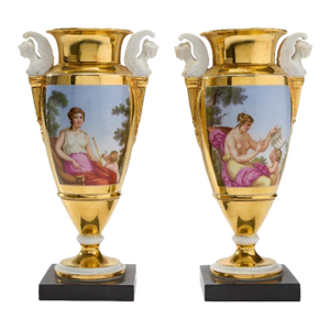 Antique French Empire Early 19th Century Paris Porcelain Vases or Urns - A Pair