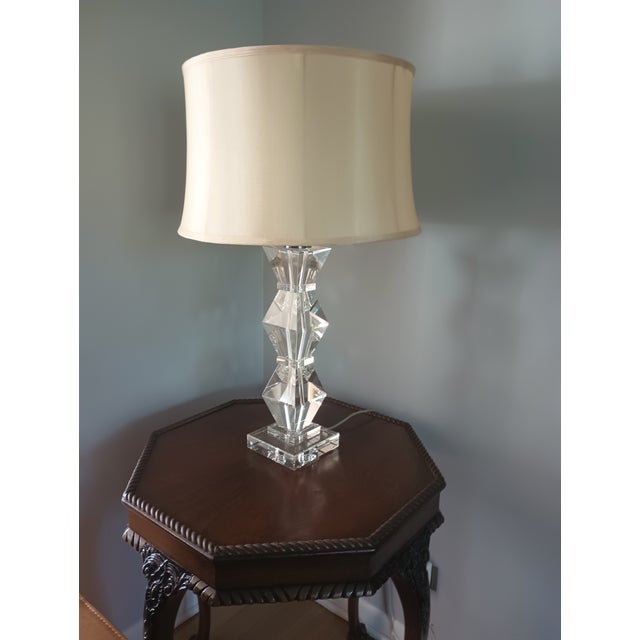 Ethan Allen Geometric Crystal Table Lamp with Linen Drum-Style Shade This beautiful geometric crystal table lamp gives...
