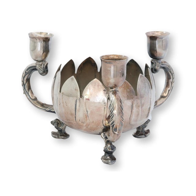 Vintage English candleholder with integrated flower arranging pot, crafted in solid metal and finished with a rich, time-...