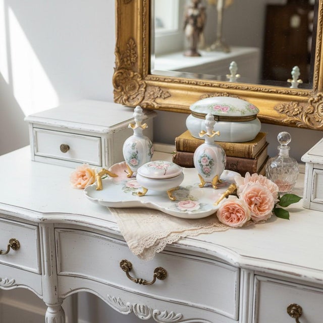 Beautiful hand-painted porcelain vanity set signed A. Streich, created during the Romantic Revival of the 1960s, when...