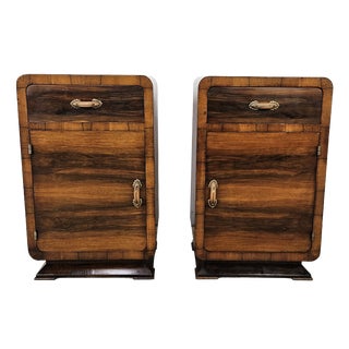 Art Deco Walnut Bedside Tables with Doors and Drawers, 1940s, Set of 2 For Sale