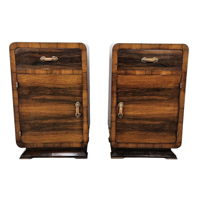 Art Deco Walnut Bedside Tables with Doors and Drawers, 1940s, Set of 2 For Sale