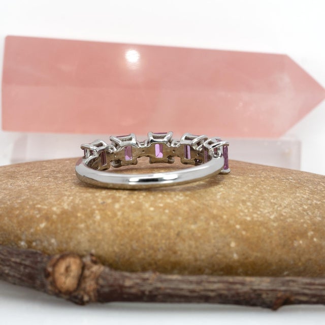 Pink 1.49Ct Pink Sapphire & Diamond Band in Solid 14k Gold - Emerald Cut 4x3mm, Size 6.75 For Sale - Image 8 of 9