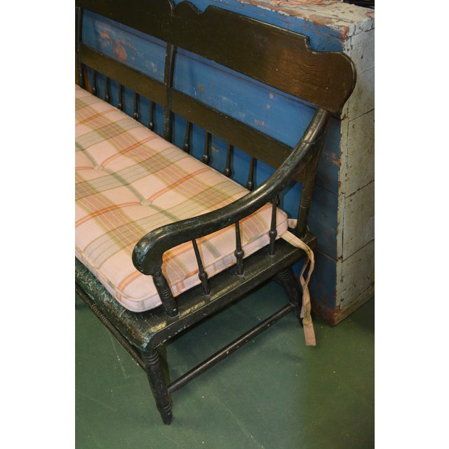 1960s Shabby Green Wood Long Deacon's Bench With Arms & Custom Cushion