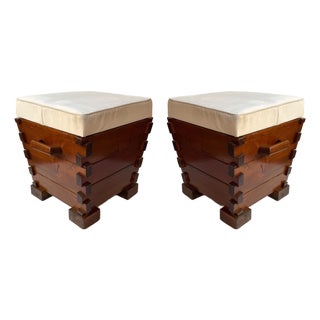 Mid-Century Modern Pair of Handle Stools Wood, Italy, 1970s For Sale