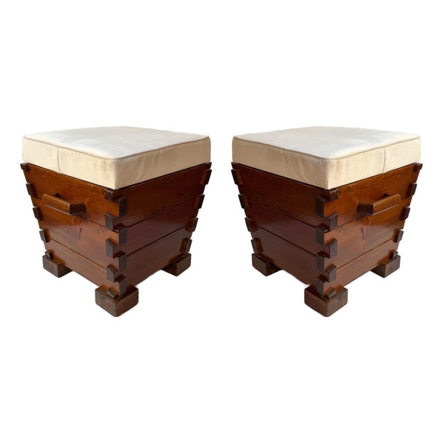 Mid-Century Modern Pair of Handle Stools Wood, Italy, 1970s For Sale