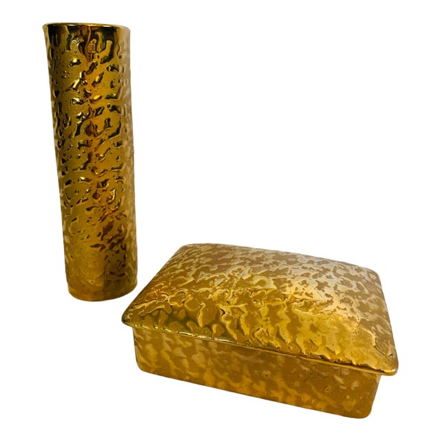 1970s 22 Kt Gold Ceramic Bud Vase and Trinket Box Vanity Set - 2 Pieces For Sale