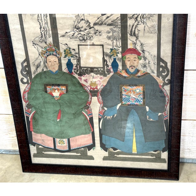 Large Qing-Dynasty Double Ancestral Portrait China, late 19th C. Guangxu Period For Sale - Image 11 of 18