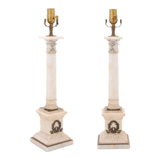 Antique Empire Alabaster Column Lamps With Brass Accents - a Pair For Sale
