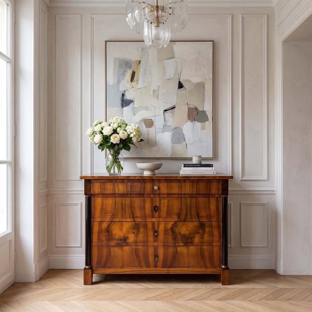 This elegant german biedermeier walnut chest of drawers dates to around 1820. Its clean architectural lines and...