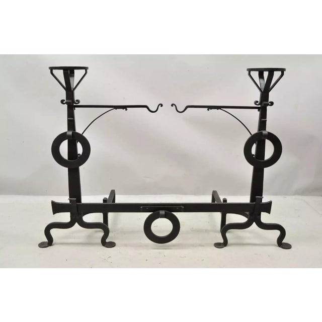 Antique Mission Arts & Crafts Wrought Iron Fireplace Andirons & Fender - 3 Piece Set For Sale In Philadelphia - Image 6 of 12