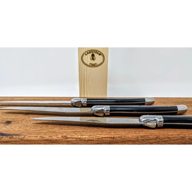 Metal French Modern Jean Dubost Laguiole Handmade Stainless Steel and Ebony Black Resin Steak Knives - Set of 6 For Sale - Image 7 of 13