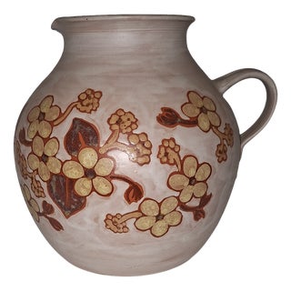 Vintage Handled Vase with Floral Decoration on Beige Ceramic, 1970s For Sale
