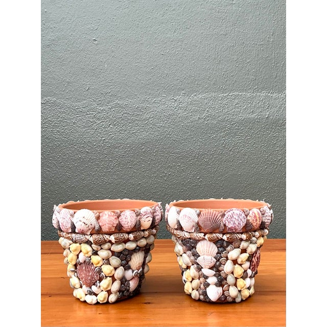 Traditional Vintage Shell Encrusted Terra Cotta Pots - A Pair For Sale - Image 3 of 12