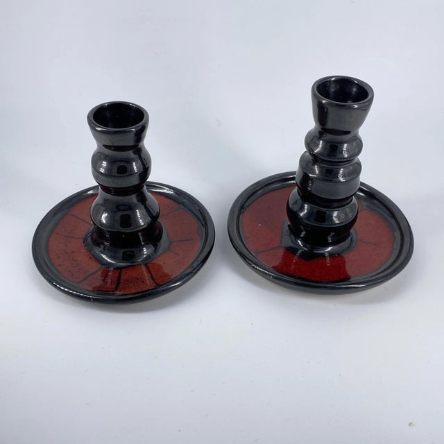 Vintage Black and Red Studio Pottery Candle Holders - Set of 2 For Sale - Image 10 of 10