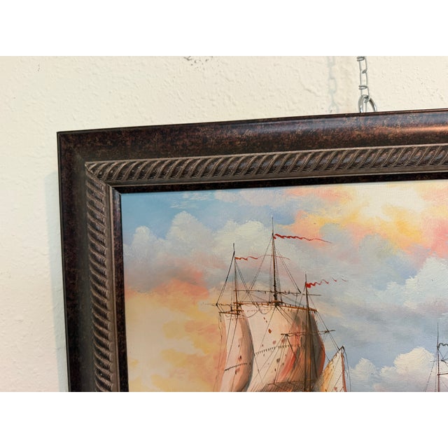 Original Marine Naval Battle Oil Painting Sailing Ships Seascape Framed, Signed For Sale In Jacksonville, FL - Image 6 of 11
