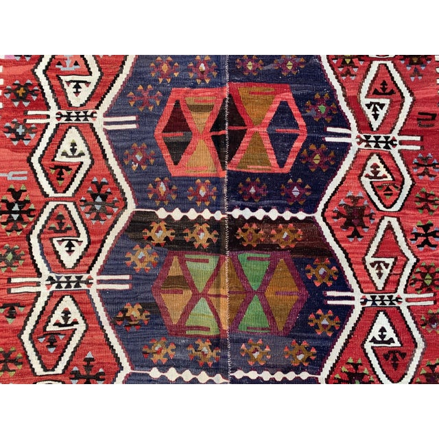Large Vintage Turkish Red Black Green Wool Kilim Rug For Sale - Image 6 of 12