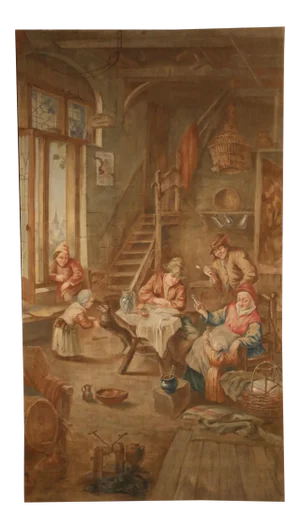 French Genre Interior Painting on Canvas After David Teniers, 19th Century
