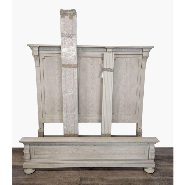 Features hand-carved fluted cornices, corbels and dentil detailing in antiqued gray oak. Brand: Restoration Hardware....