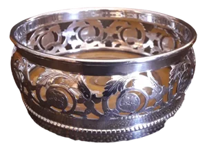 Antique German Bottle Coaster in Openwork Silver-Plated Metal with Turned Maple Base from WMF, 1910s