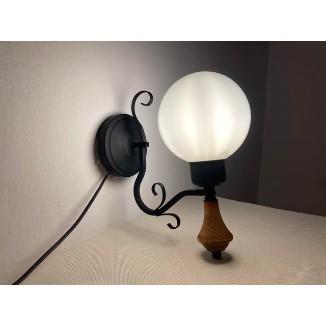 Vintage Opal Glass Globe Wall Lamp with Wood Detail, Europe, 1970s For Sale - Image 15 of 16